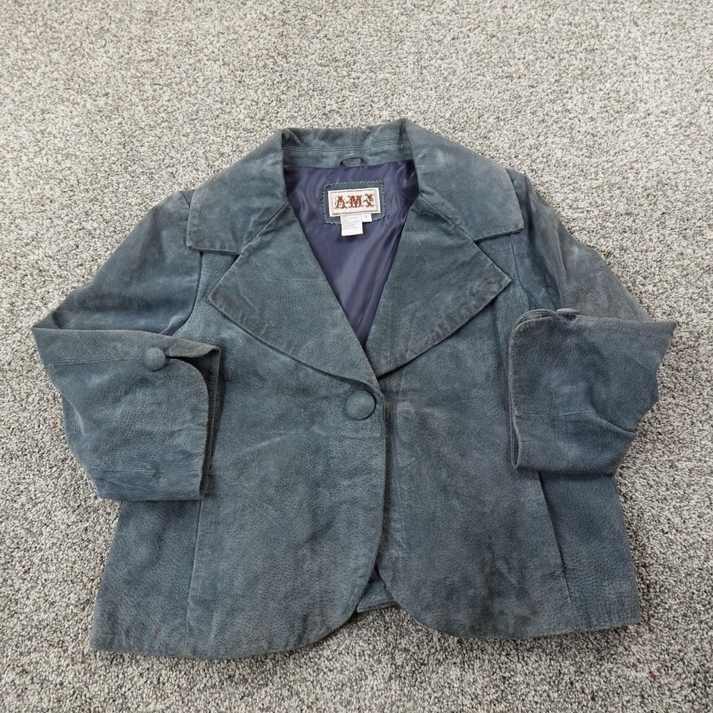 VTG AMI‎ Jacket Womens L Blue Suede Leather Button Front Blazer Sport Coat Retro